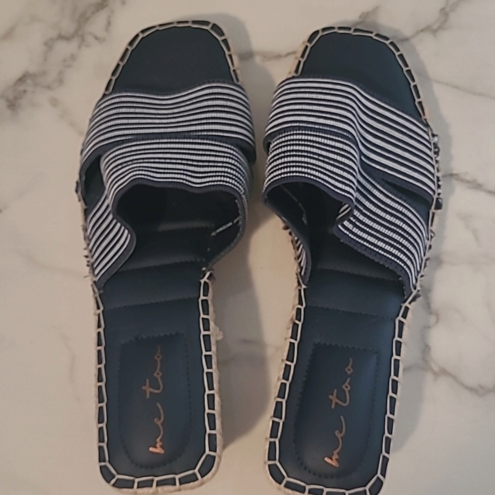 Me Too Cayman Navy Striped Wedge Slip-on Sandals Stretch Bands Wmns 9 Coastal - Picture 9 of 14